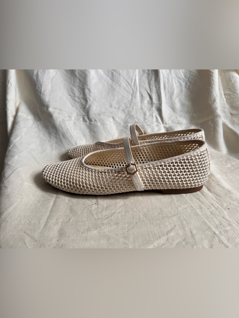 Viviana Almond Toe Cream Mesh Mary Jane Flats with Hex Buckle